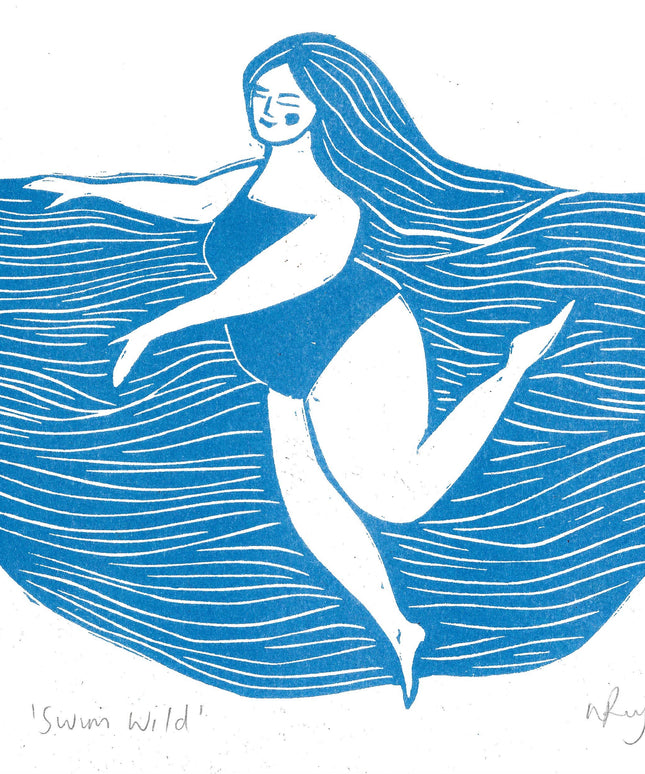 Swim Wild Riso Print *swimming, curvy art, swimmer, sea*