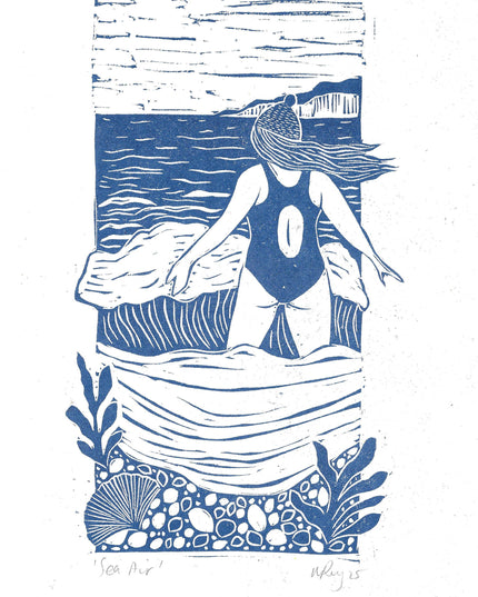 Sea Air Riso Print *swimmer, sea swim, windy, nature, woman*