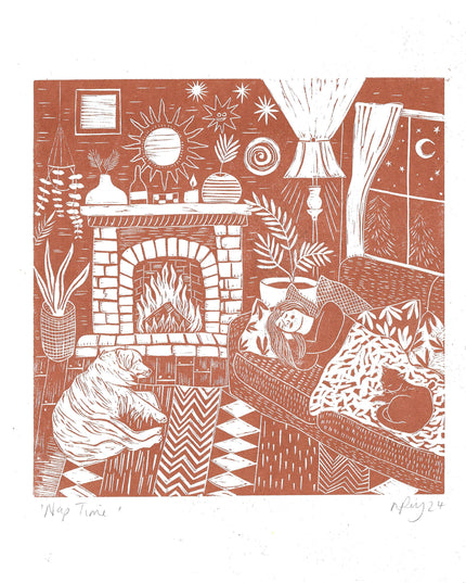 Nap Time Riso Print *cosy, indoor, cat, dog, woman, boho*