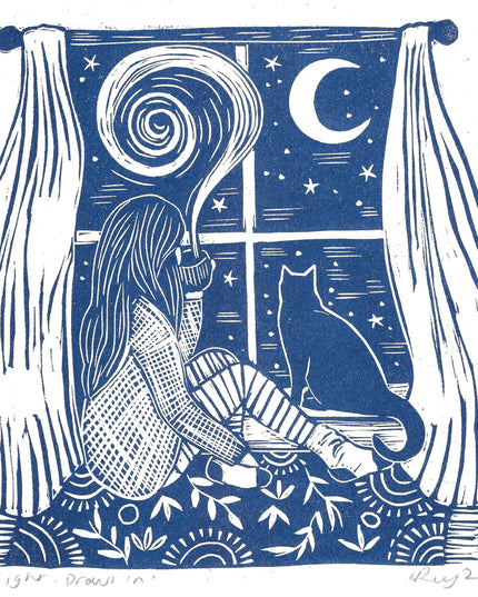Night Draws In Riso Print * Lino Art / Cat Love