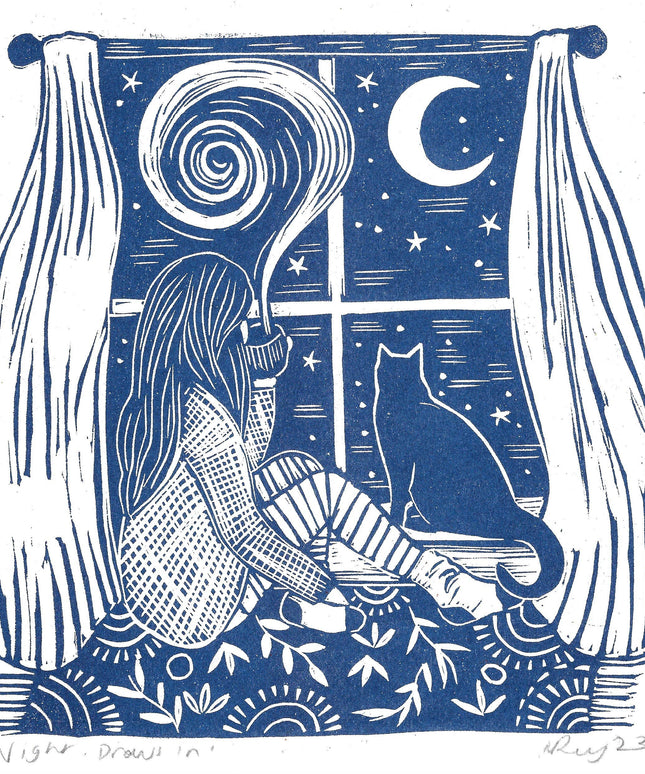 Night Draws In Riso Print * Lino Art / Cat Love