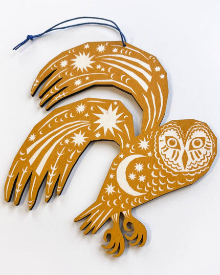 Screenprinted Wooden Decoration - Owl - Yellow Ochre