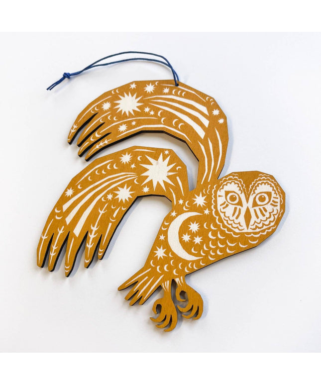 Screenprinted Wooden Decoration - Owl - Yellow Ochre