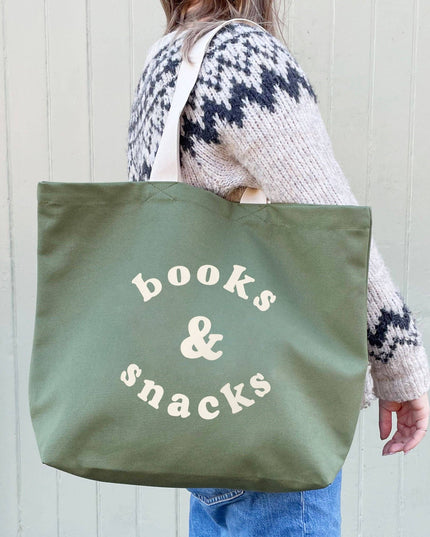 Books & Snacks - Olive Green Canvas Tote Bag