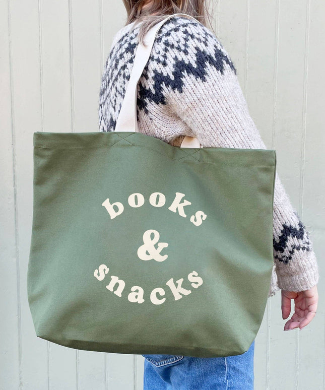 Books & Snacks - Olive Green Canvas Tote Bag