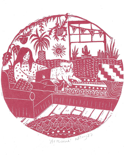 'At Home Riso Print *cosy interior, boho, winter art, dog art*