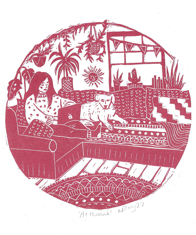 'At Home Riso Print *cosy interior, boho, winter art, dog art*