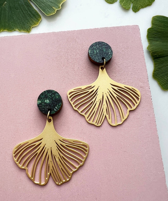 Gold Gingko Leaf Plant Drop Stud Earrings
