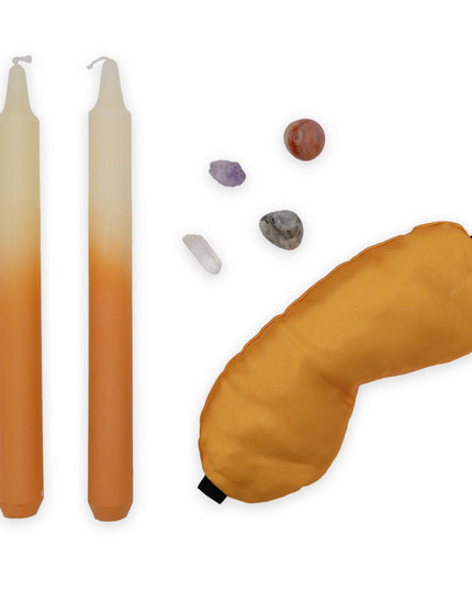 Saje Happy Candle, Crystal & Eye Mask Set - Includes Two Candles And Four Crystal Stones