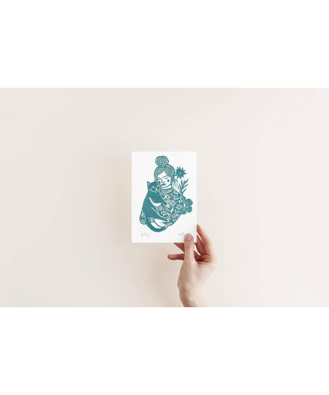 Woman and Cat Riso Print
