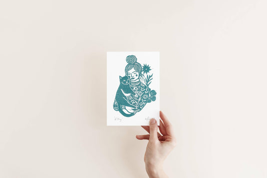 Woman and Cat Riso Print