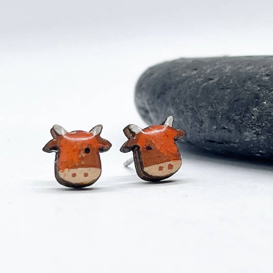 Hand-Painted Wooden Highland Cow Earrings - Made in Scotland