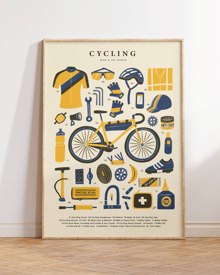 Cycling Bike Kit Essentials | Retro Adventure Art Print (A4) A4 - 210 x 297 mm (8.3 x 11.7 inches)
