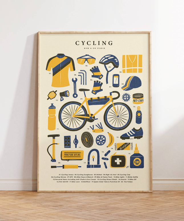 Cycling Bike Kit Essentials | Retro Adventure Art Print (A4) A4 - 210 x 297 mm (8.3 x 11.7 inches)