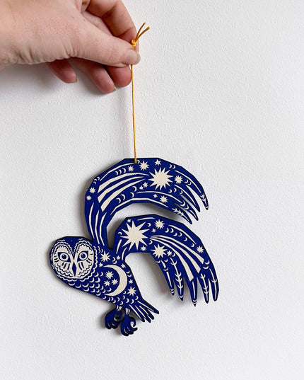 Screenprinted Wooden Decoration - Owl - Midnight Blue