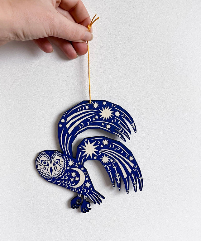 Screenprinted Wooden Decoration - Owl - Midnight Blue