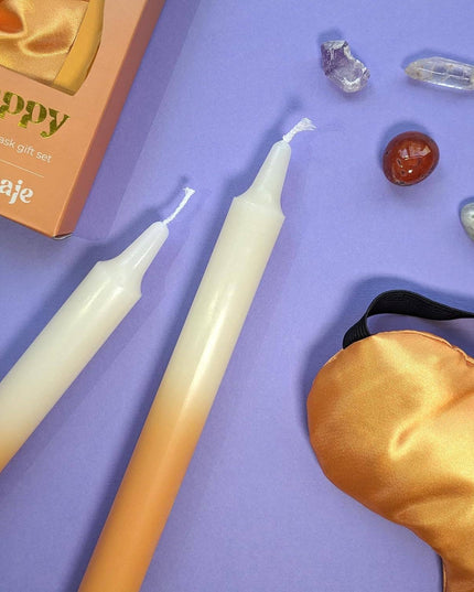 Saje Happy Candle, Crystal & Eye Mask Set - Includes Two Candles And Four Crystal Stones