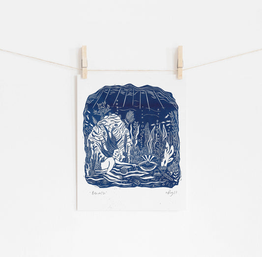 'Beneath' Riso Print *mermaid art, folklore, under the sea*