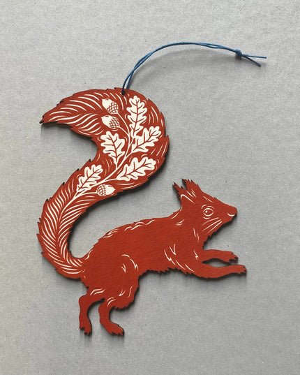 Screenprinted Wooden Decoration - Squirrel - Rusty Red