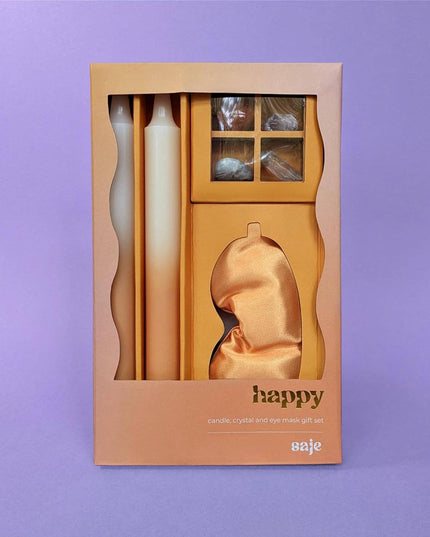 Saje Happy Candle, Crystal & Eye Mask Set - Includes Two Candles And Four Crystal Stones