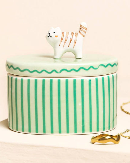 Green Oval Ceramic Cat Trinket Pot