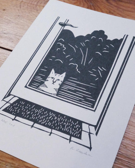 Let Me In - Risograph A5 print - Cat Door art