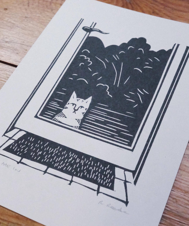 Let Me In - Risograph A5 print - Cat Door art