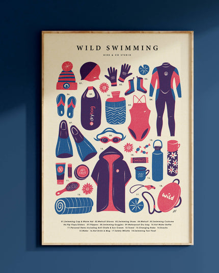 Wild Swimming Kit Essentials | Retro Adventure Art Print (A4)