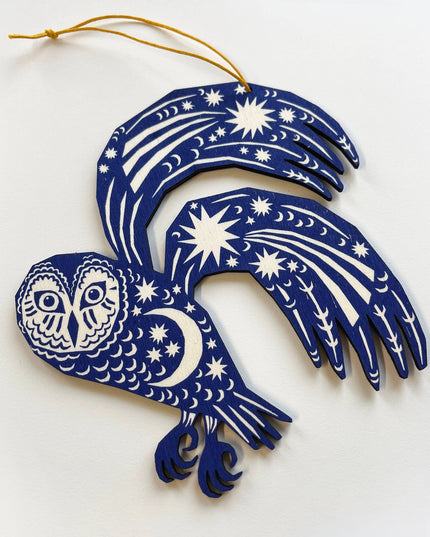 Screenprinted Wooden Decoration - Owl - Midnight Blue
