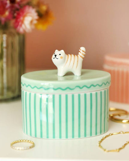 Green Oval Ceramic Cat Trinket Pot