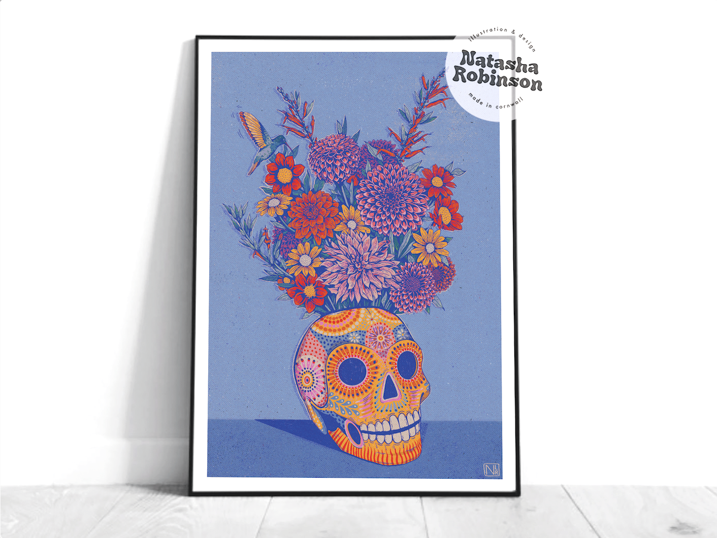 Mexican Skull and Flowers Mexico Bright Bold Art Print in A4