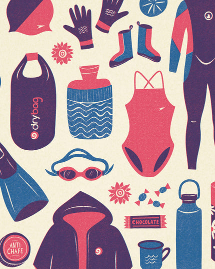 Wild Swimming Kit Essentials | Retro Adventure Art Print (A4)