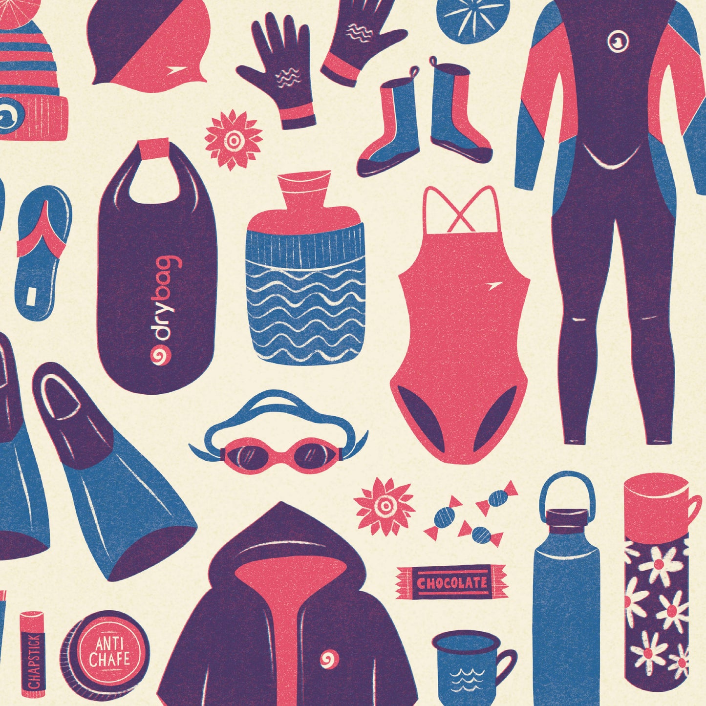 Wild Swimming Kit Essentials | Retro Adventure Art Print