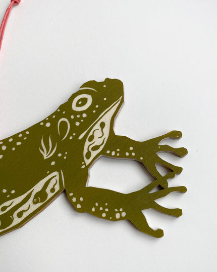 Screenprinted Wooden Decoration - Jumping Frog - Olive Green