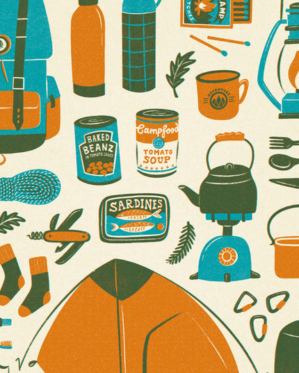 Wild Camping Kit Essentials | Retro Adventure Art Print (A4)