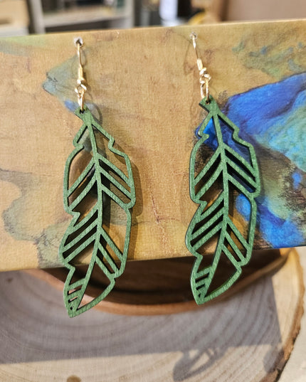 Wooden Leaf Shaped Earrings Green