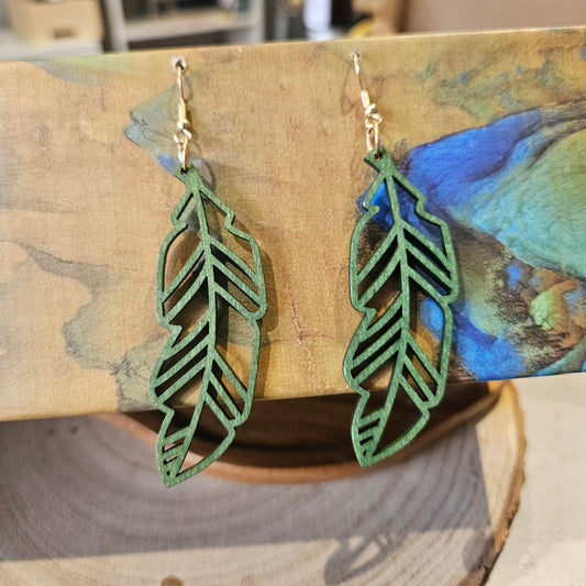Wooden Leaf Shaped Earrings Green