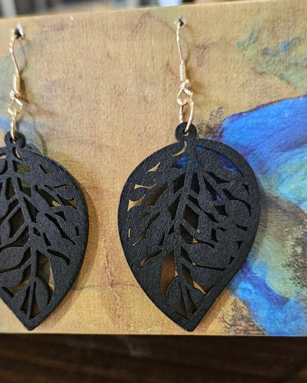 Wooden Drop Leaf Earrings Black