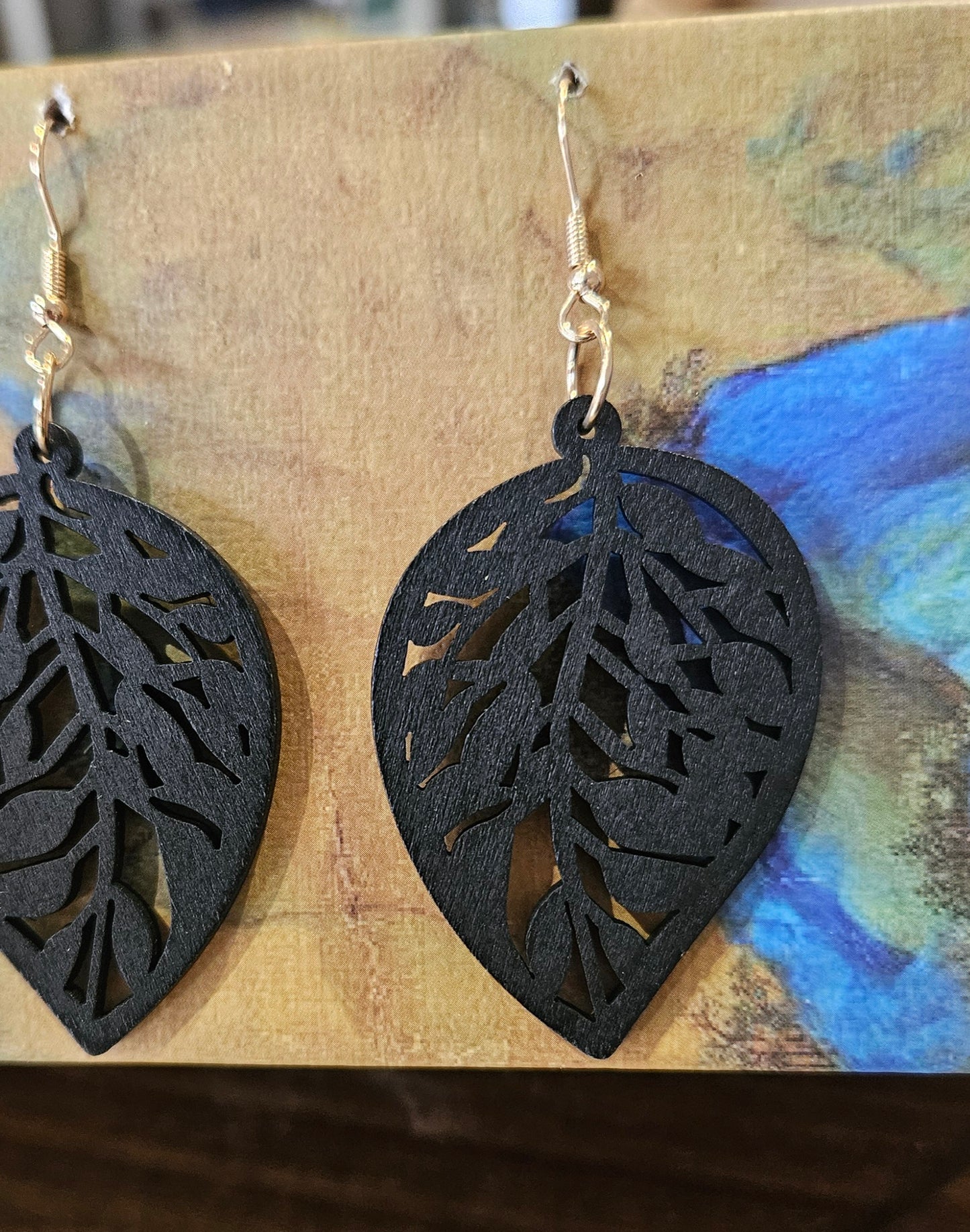 Wooden Drop Leaf Earrings Black