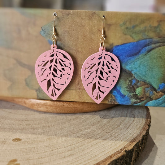 Wooden Leaf Shaped Earrings Pink