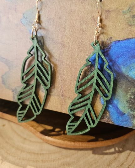 Wooden Leaf Shaped Earrings Green