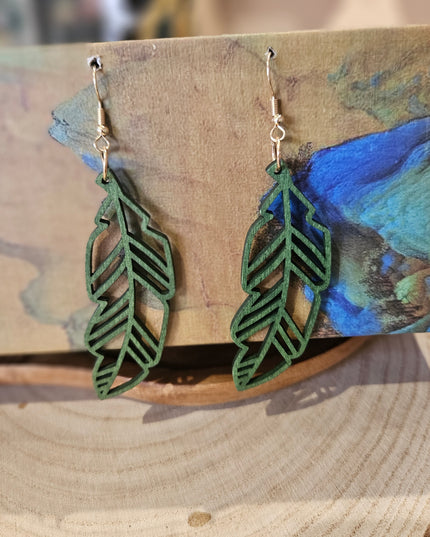 Wooden Leaf Shaped Earrings Green