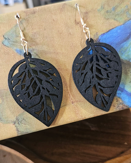 Wooden Drop Leaf Earrings Black