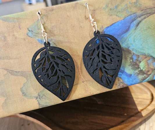 Wooden Drop Leaf Earrings Black