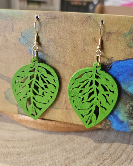 Wooden Leaf Shaped Earrings Bold Green