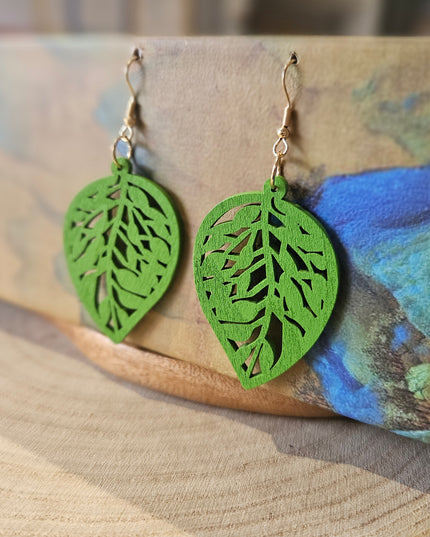 Wooden Leaf Shaped Earrings Bold Green