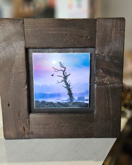 WOODEN ARTWORD - Framed Photo Encaustic Art Misty Moon