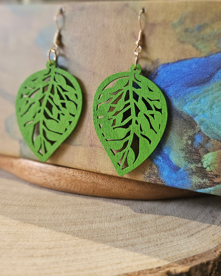 Wooden Leaf Shaped Earrings Bold Green