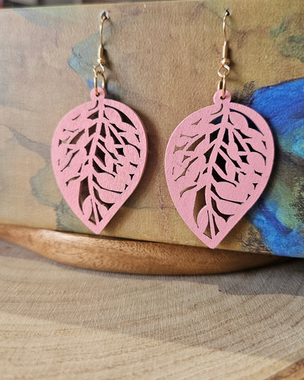 Wooden Leaf Shaped Earrings Pink