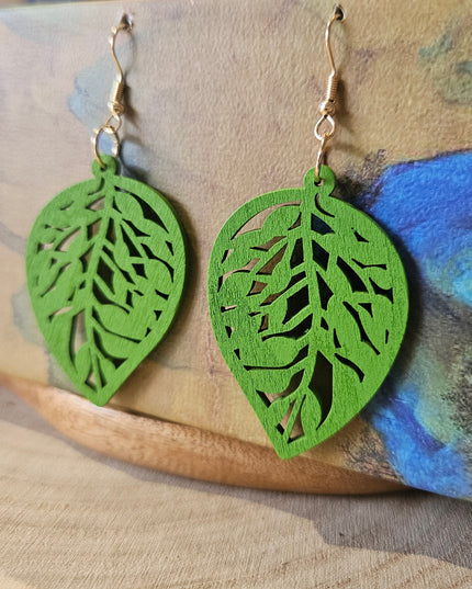 Wooden Leaf Shaped Earrings Bold Green
